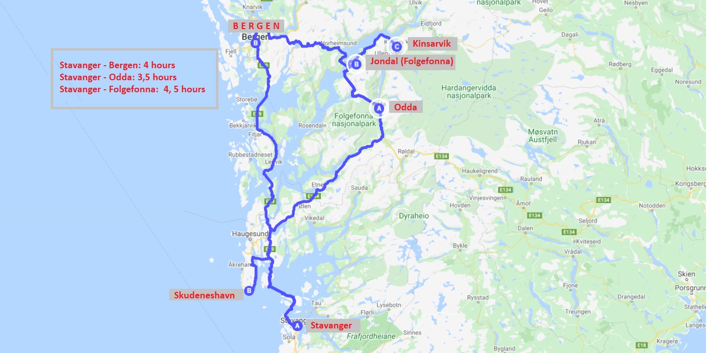 Driving from Stavanger to Bergen - map
