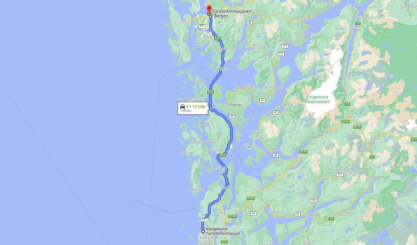 Haugesund and Bergen map