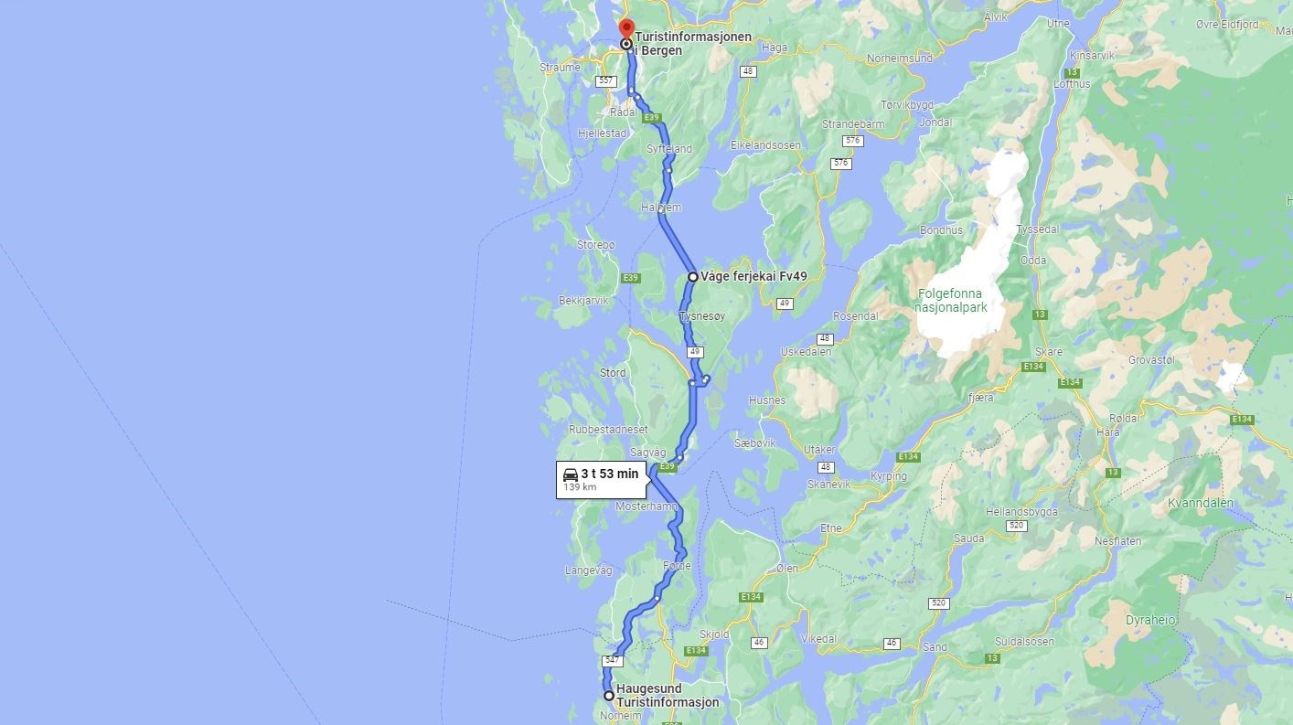 Map Haugesund Bergen drive via Tysnes