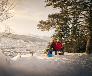 Winter in Bergen and Mount Fløyen in snow