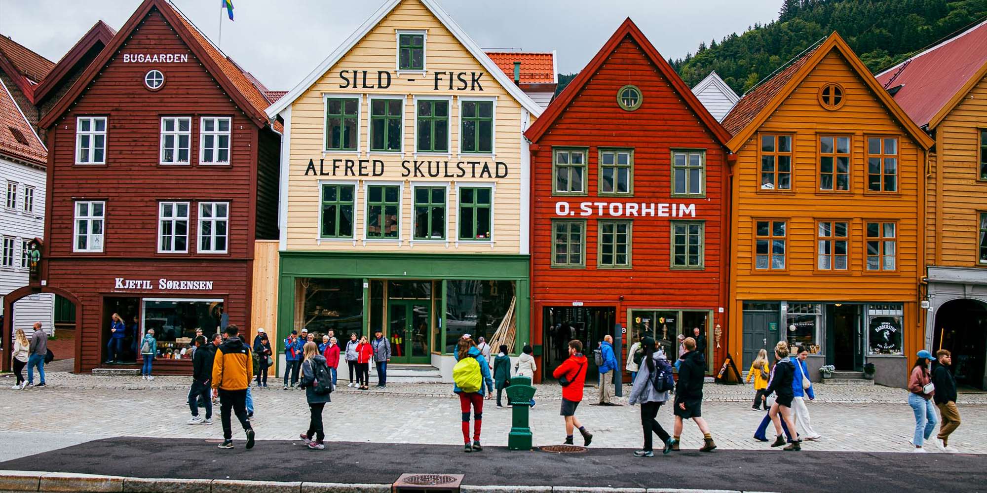 Vier ikonische Häuser auf der Bryggen in Bergen, eine UNESCO-Welterbestätte.